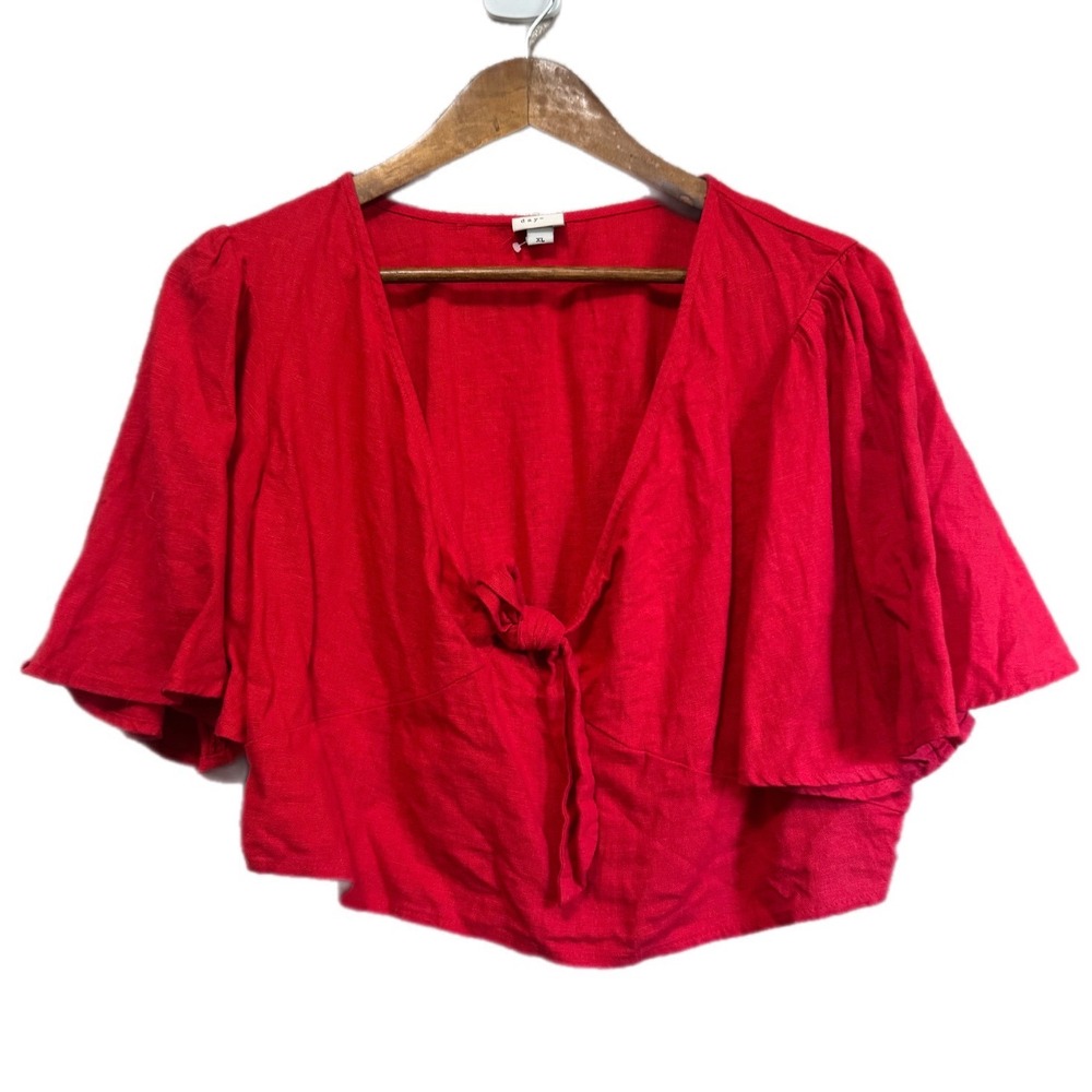 A New Day Crop Top Women XL Red Excellent Linen Blend Tie Front Flutter Sleeve